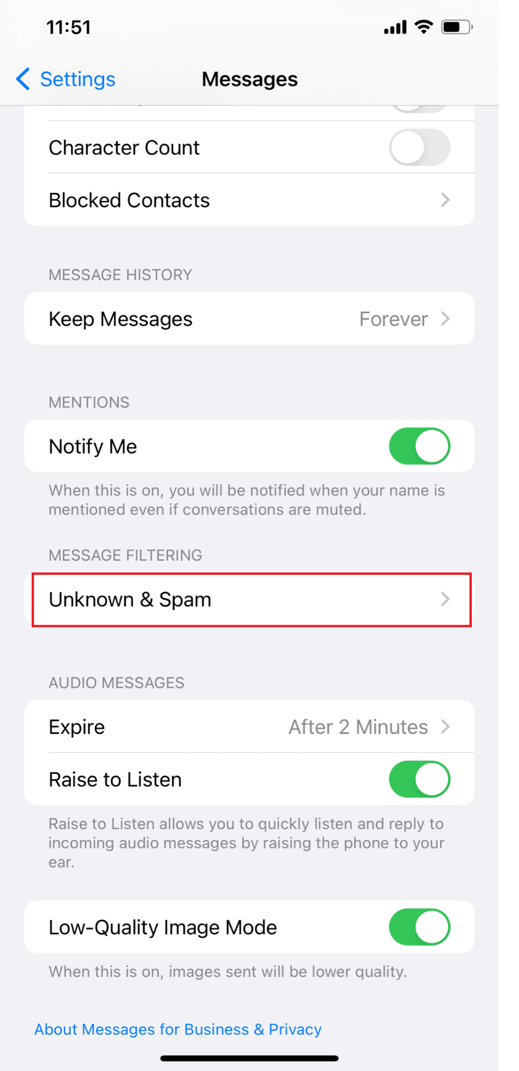 Sekarang gulir ke bawah dan ketuk Tidak Dikenal & Spam | Suara notifikasi iOS 15 tidak berfungsi