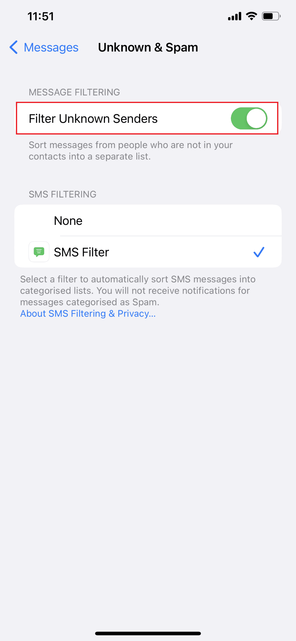 Ensuite, désactivez Filtrer les expéditeurs inconnus | Pourquoi mes notifications ne font-elles pas de son sur iPhone