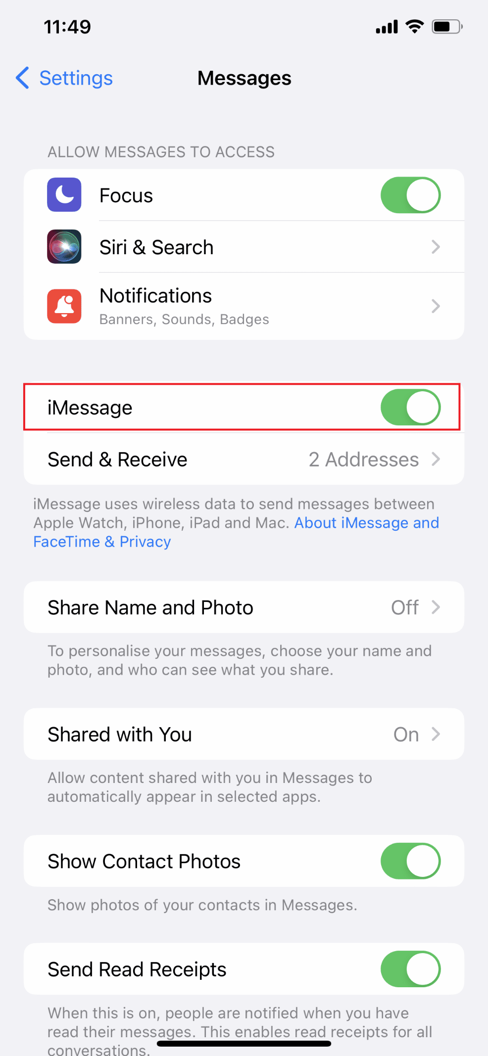 Включите iMessage | Почему мои уведомления не звучат на iPhone