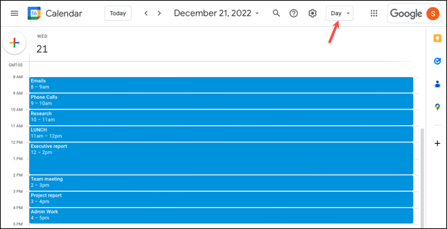 Vista de día en Google Calendar