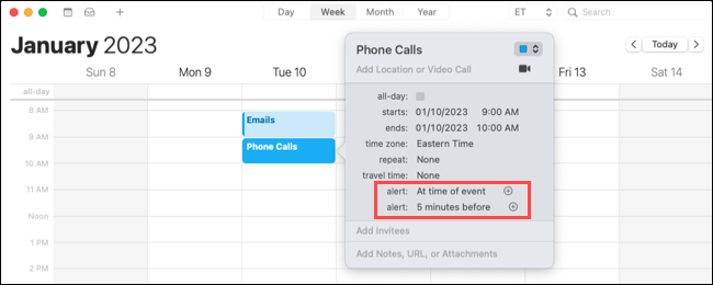 Alertas para un evento del Calendario de Apple