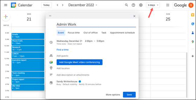 Configure el bloqueo de tiempo en la vista de 5 días en Google Calendar