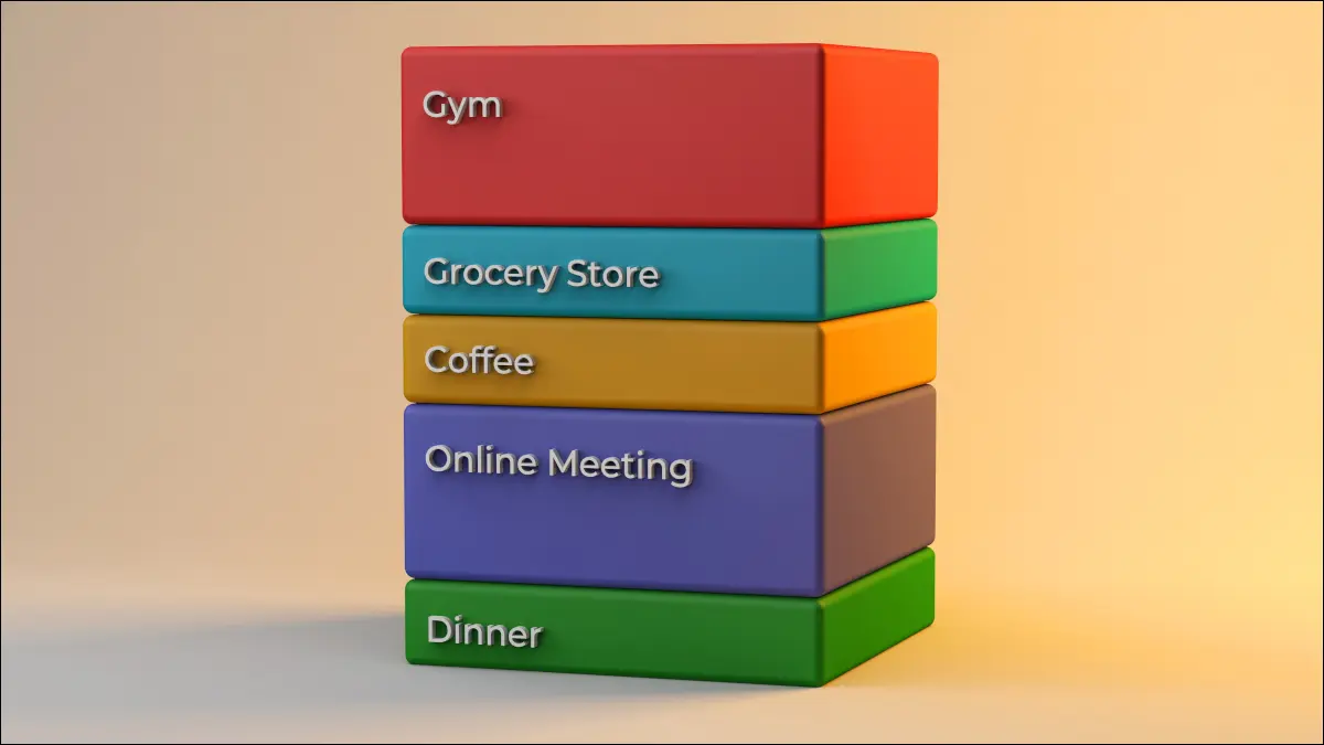 Representación 3D de una pila de bloques multicolores, cada uno etiquetado con diferentes tareas para ilustrar el concepto de bloqueo de tiempo.