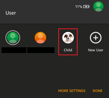 Toque no ícone Perfis - perfil de criança desejado | Como alternar perfis no Amazon Fire Tablet