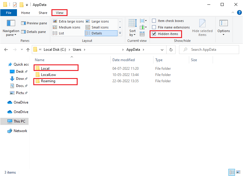 Pastikan Anda mencentang kotak item Tersembunyi di tab Lihat untuk melihat folder AppData