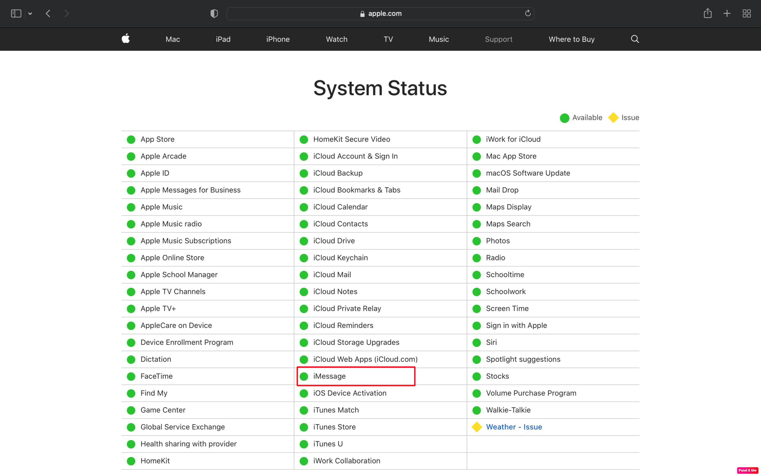 หน้าสถานะระบบ | วิธีแก้ไข iMessages ไม่ซิงค์บน Mac