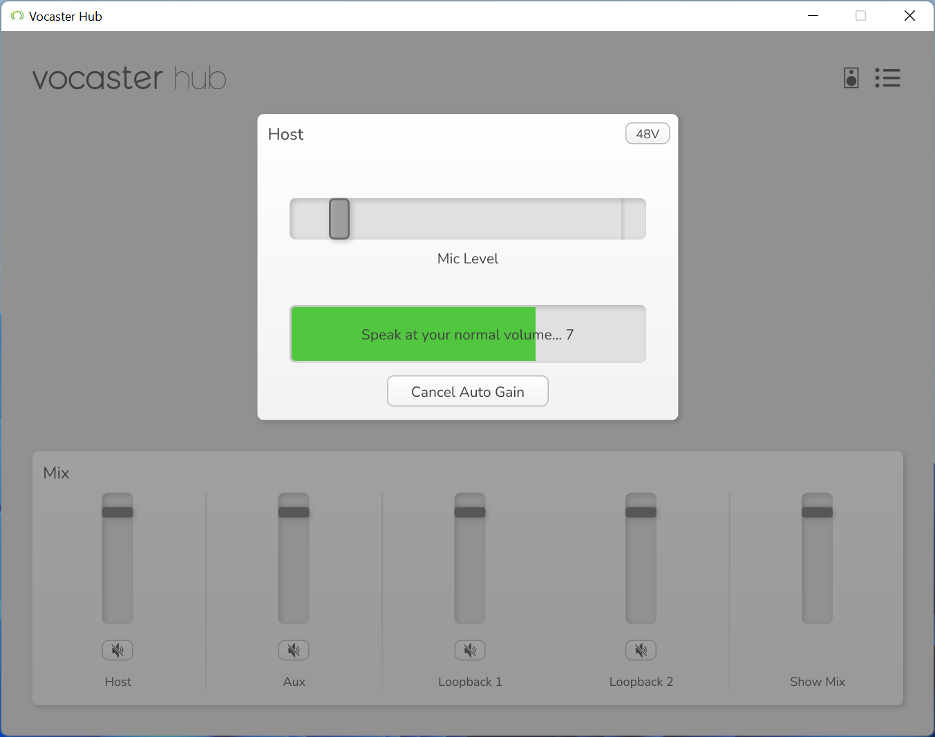 Focusrite Vocaster Hub 中的自动增益