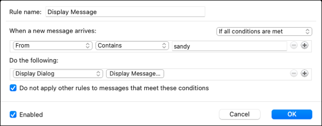 Écran de configuration final pour une règle de message d'affichage dans Outlook