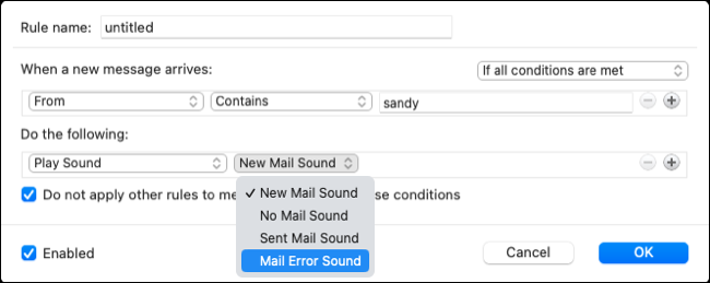 Creazione di una regola di riproduzione audio in Outlook su Mac