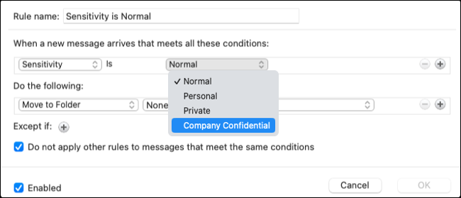 Criando uma regra de confidencialidade no Outlook no Mac