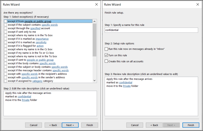 Outlook'ta bir duyarlılık kuralı için son kurulum ekranları