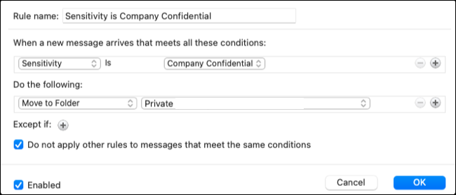 Outlook の秘密度ルールの最終設定画面