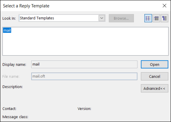 Outlook ルールのテンプレート ウィンドウの選択