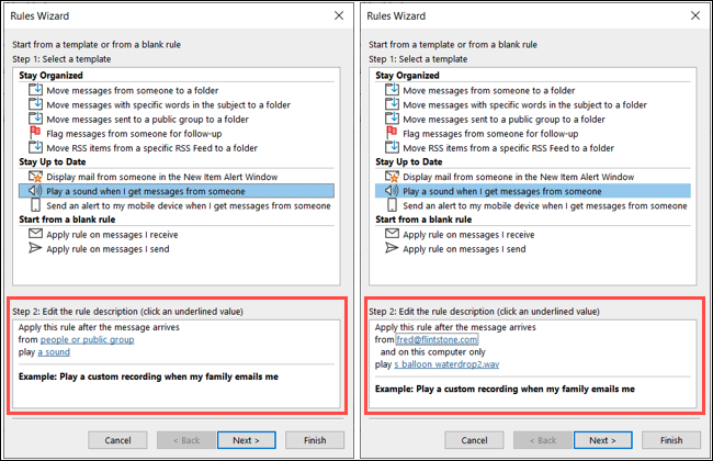 Caseta Pasului 2 pentru o regulă de redare a sunetului în Outlook