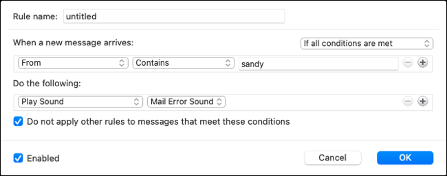 Endgültiger Einrichtungsbildschirm für eine Regel zum Abspielen von Sounds in Outlook