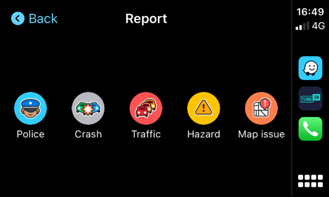 Antarmuka Waze CarPlay saat melaporkan insiden