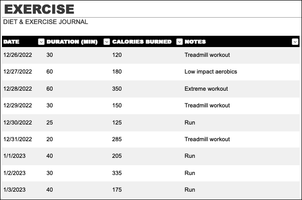 Jurnal de dietă și exerciții Fila Exerciții