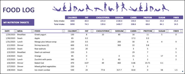 Diario alimentare del piano di fitness