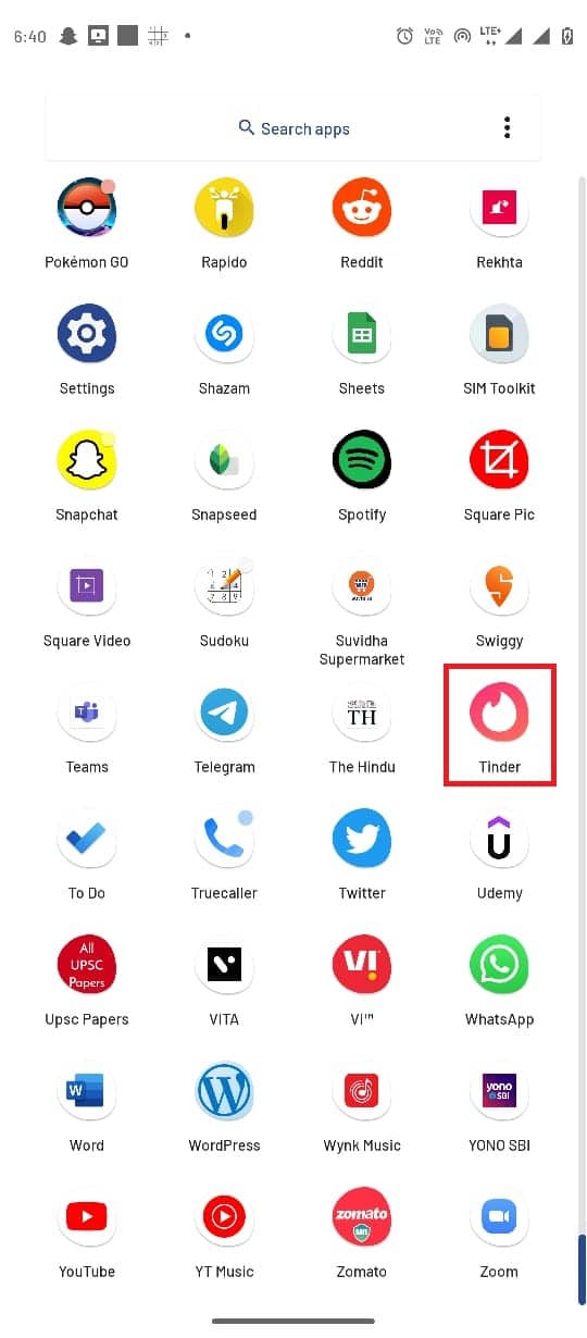 Abra o aplicativo Tinder no menu do telefone