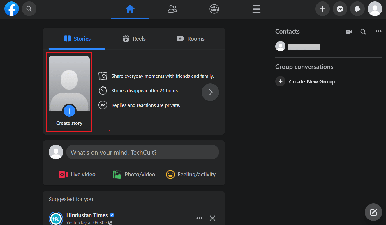 Нажмите на вкладку «Создать историю» в разделе «Истории» на главной странице Facebook.