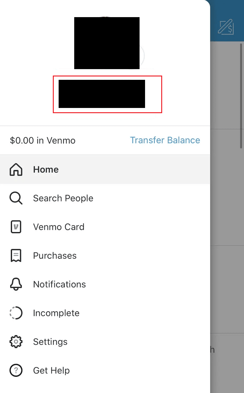 メニューの上部からプロフィール名をタップ | Venmo でメールを確認する