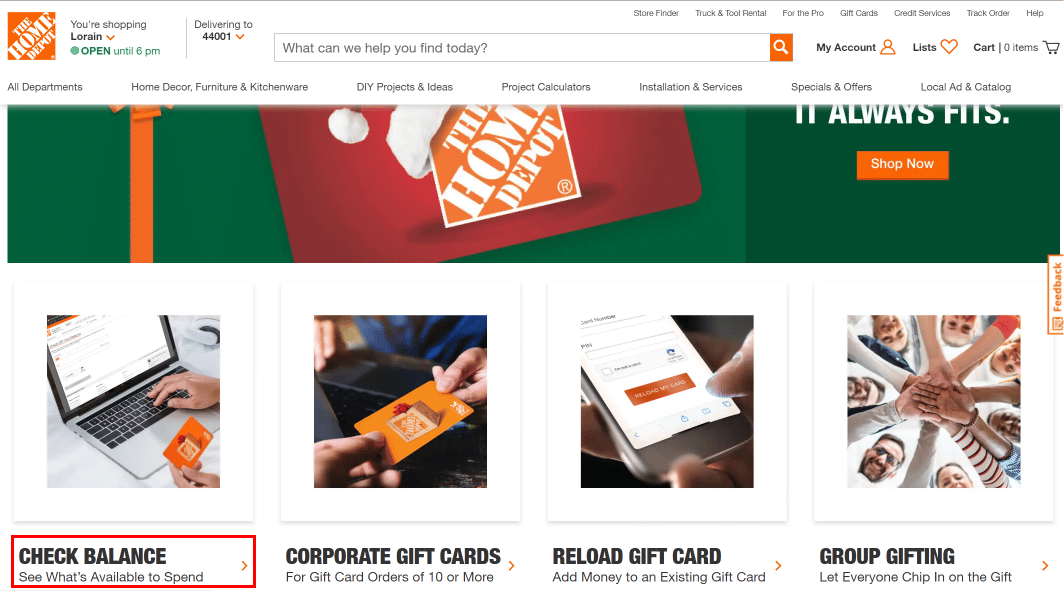 조금 아래로 스크롤하여 화면 왼쪽 하단에 있는 CHECK BALANCE 옵션을 클릭합니다. | Home Depot 카드 잔액 확인 방법