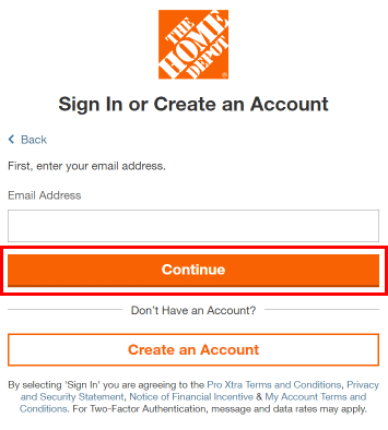 Geben Sie Ihre Login-E-Mail-Adresse ein und klicken Sie auf die Schaltfläche Weiter. | So überprüfen Sie das Guthaben der Home Depot-Karte