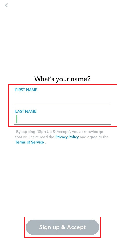 Wprowadź swoje imię i nazwisko i dotknij Zarejestruj się i zaakceptuj | Jak usunąć numer telefonu ze Snapchata
