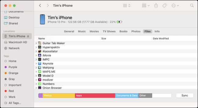 อินเทอร์เฟซการถ่ายโอนไฟล์ Finder สำหรับ iPhone