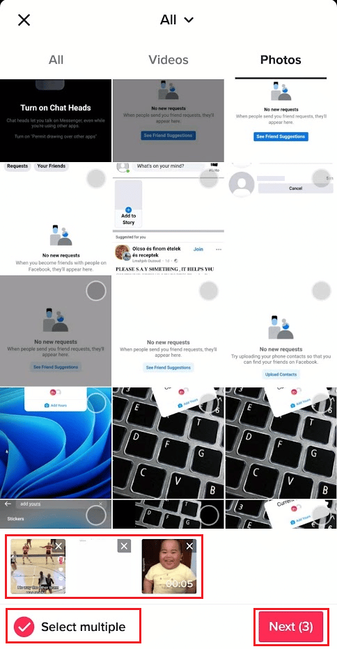 Seleccione las fotos deseadas de la galería de su teléfono con al menos un video y toque Siguiente | Cómo editar la duración de las fotos en TikTok en el teléfono
