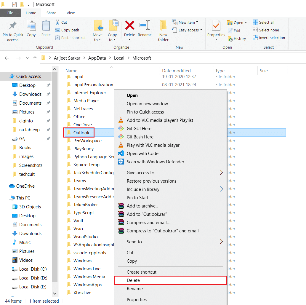 Microsoft localappdata klasörüne gidin ve Outlook klasörünü silin