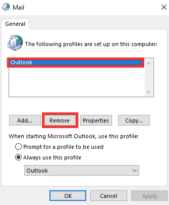 เลือกโปรไฟล์และคลิกที่ Remove 14 วิธีในการแก้ไขข้อผิดพลาด Microsoft Outlook 0x80040115