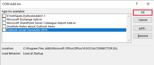 ยกเลิกการเลือกส่วนเสริมที่ไม่จำเป็นทั้งหมดในแอป Outlook แล้วคลิกปุ่มตกลง