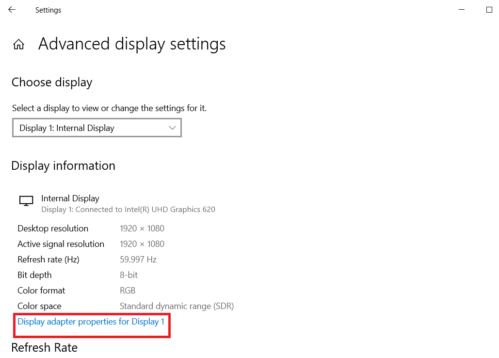 klik pada properti adaptor tampilan untuk display1.