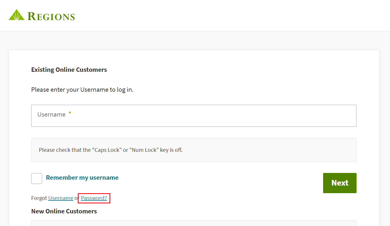 Kliknij łącze Nie pamiętam hasła | zresetuj pytania bezpieczeństwa dotyczące bankowości internetowej Regions