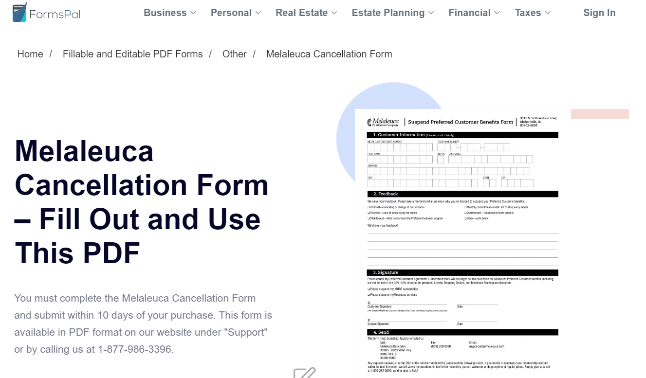 Formspal Melaleuca Formulaire d'annulation