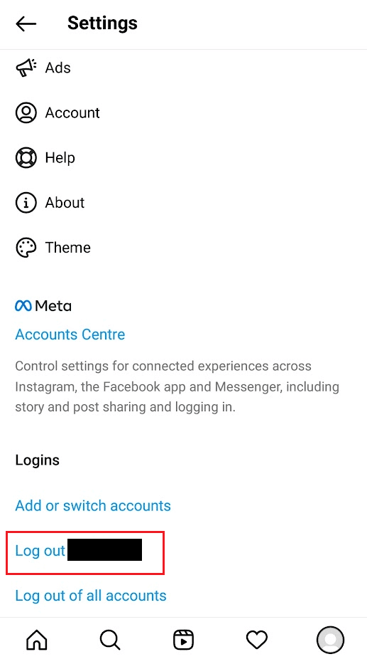 geser ke bawah dan ketuk Logout [nama pengguna] | Cara Memperbaiki Foto Instagram Hitam