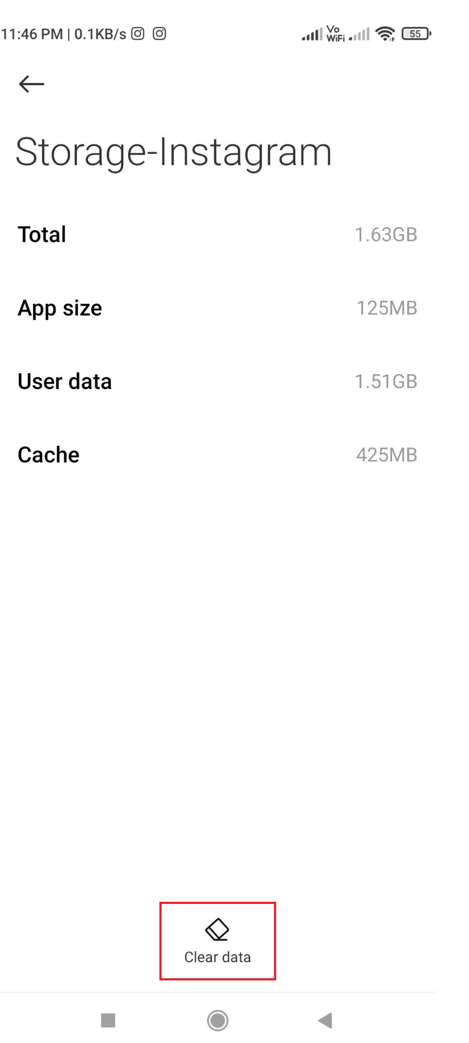 ที่ด้านล่างของหน้า Storage-Instagram ให้แตะที่ Clear data