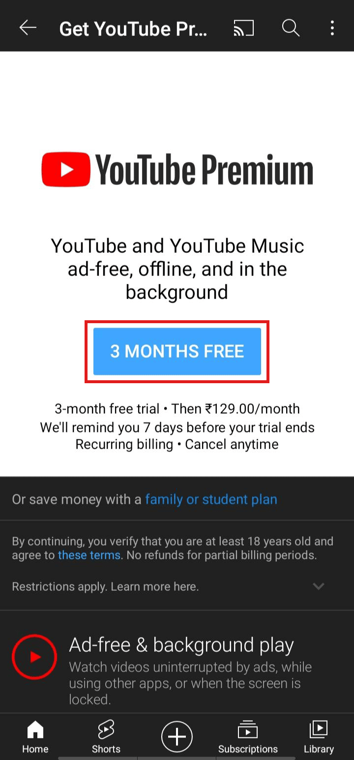 Appuyez sur 3 MOIS GRATUITS. | Comment télécharger des vidéos YouTube dans la galerie mobile