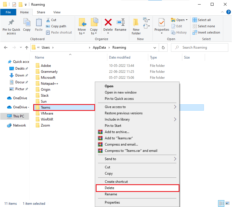 faceți clic dreapta pe folderul Teams și faceți clic pe opțiunea Ștergere. Cum să remediați problema Microsoft Teams nu se sincronizează