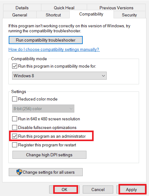 marque la opción Ejecutar este programa como administrador en la sección Configuración.