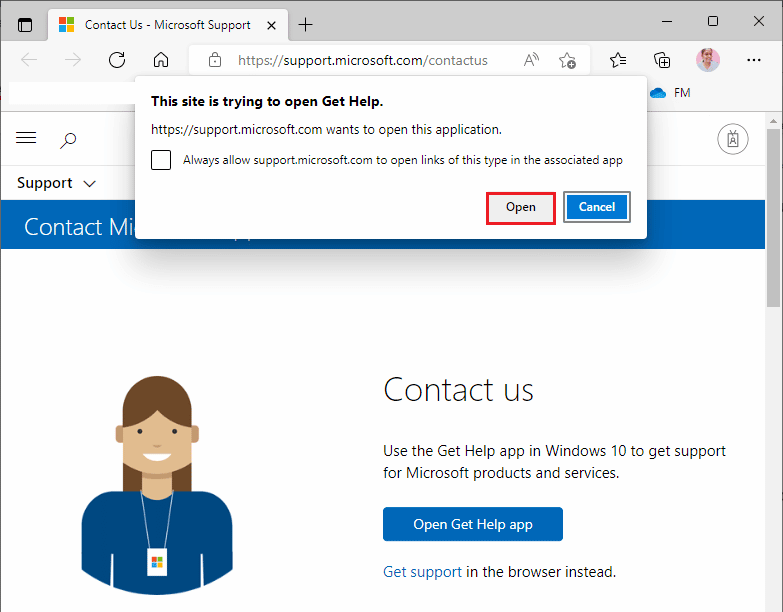Bunun için Get Help uygulamasını aç düğmesine tıklayın ve Aç düğmesine tıklayarak istemi onaylayın.