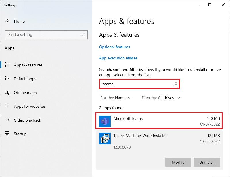 busque Teams en el menú de búsqueda y haga clic en Microsoft Teams