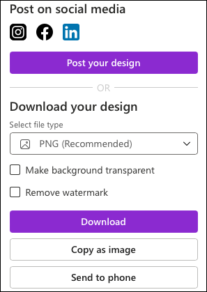 Options de partage et de téléchargement de Microsoft Designer