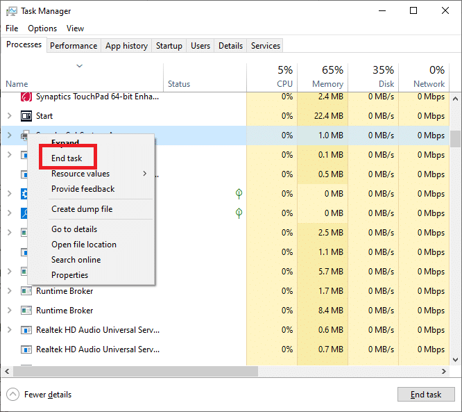 Termine sua tarefa clicando com o botão direito do mouse no processo SndVol.exe e selecionando Finalizar tarefa.