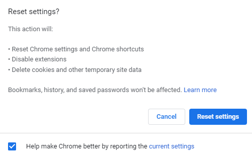 confirme a solicitação selecionando o botão Redefinir configurações. 10 maneiras de corrigir o erro 0xc00000a5 do Google Chrome