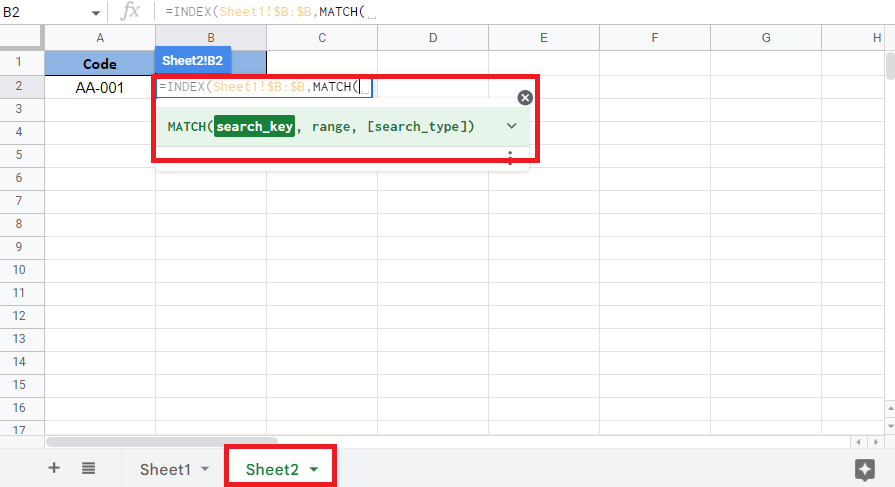 Buka Sheet2 tambahkan koma dan mulai fungsi MATCH. Cara INDEX MENCOCOKKAN Beberapa Kriteria di Google Sheets