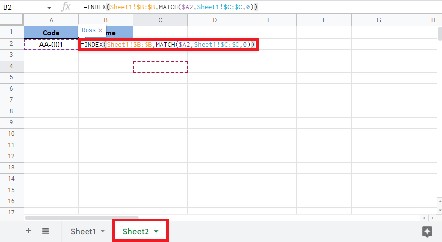 Schließen Sie die Klammer wieder, um die INDEX-Formel zu vervollständigen. So INDEXIEREN Sie mehrere Kriterien in Google Sheets