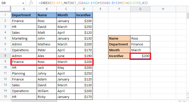 Appuyez sur la touche Entrée pour obtenir la valeur cible. Comment INDEXER MATCH plusieurs critères dans Google Sheets