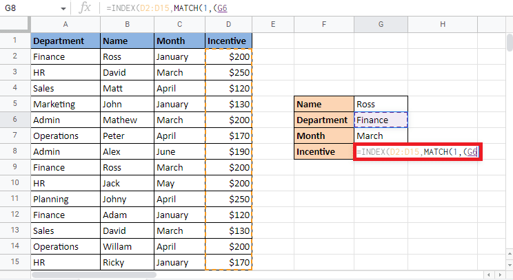 เลือกเซลล์ Finance ซึ่งอยู่ในเซลล์ G6